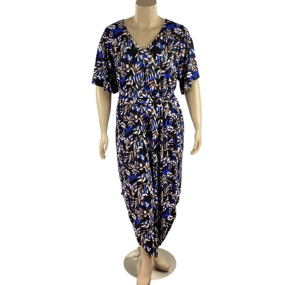 Kate & Mallory Blue Leaf Print Wide Leg Jumpsuit 1X - Picture 1 of 6